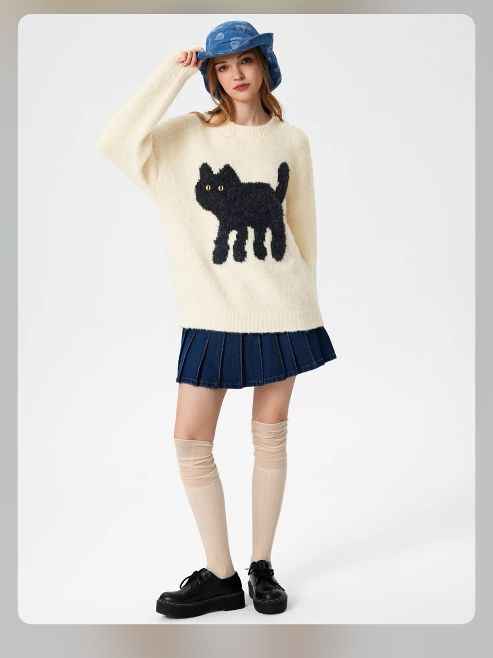 CIDER WOOL-BLEND ROUND NECKLINE CAT KNITTED LONG SLEEVE SWEATER S WC19-8